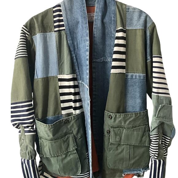 GREG LAUREN: Men's Army Denim Striped Kimono Jacket - Size 1 - Picture 2 of 7